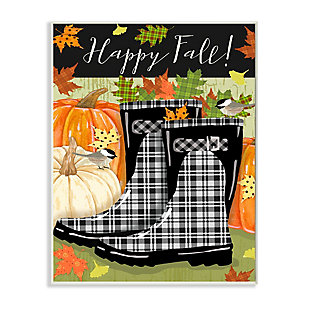 Stupell Industries Happy Fall Phrase Black Rainboots and Pumpkins, 10 x 15, Wood Wall Art, Black, large