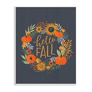 Stupell Industries Hello Fall Autumn Greeting Sunflower Pumpkin Wreath, 10 x 15, Wood Wall Art, Orange, large