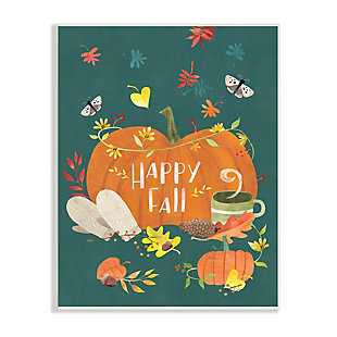 Stupell Industries Happy Fall Greeting Plump Orange Pumpkin Festive Moths, 10 x 15, Wood Wall Art, Green, large