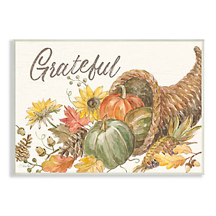 Stupell Industries Grateful Sentiment Autumn Harvest Cornucopia Pumpkins, 10 x 15, Wood Wall Art, Orange, large