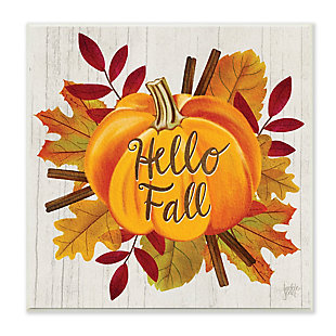 Stupell Industries Hello Fall Sentiment Orange Pumpkin Autumn Tree Leaves, 12 x 12, Wood Wall Art, , large