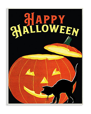 Stupell Industries Happy Halloween Pumpkin Cat Black Orange Word Design, 13 x 19, Wood Wall Art, Black, large