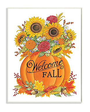 Stupell Industries Welcome Fall Phrase Autumn Pumpkin Sunflower Florals, 13 x 19, Wood Wall Art, , large