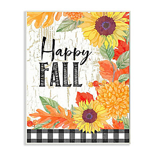 Stupell Industries Happy Fall Phrase Checkered Plaid Sunflower Floral, 13 x 19, Wood Wall Art, Orange, large