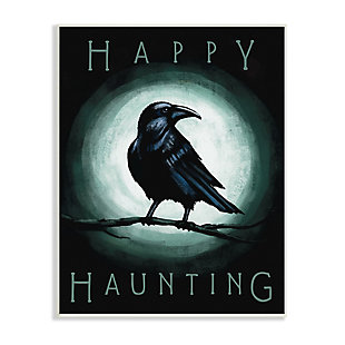 Stupell Industries  Happy Hauntings Phrase Black Crow Perched Festive Halloween, 13 x 19, Wood Wall Art, , large