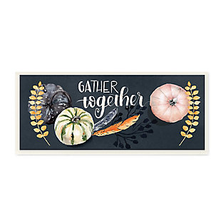 Stupell Industries  Gather Together Pumpkin Harvest Phrase Feathers Deep Blue, 7 x 17, Wood Wall Art, , large