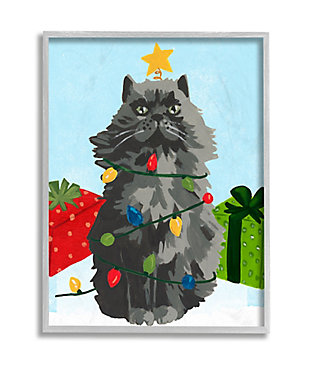 Stupell Industries Black Cat Festive Holiday Lights Christmas Pet Framed Wall Art, Multi, large