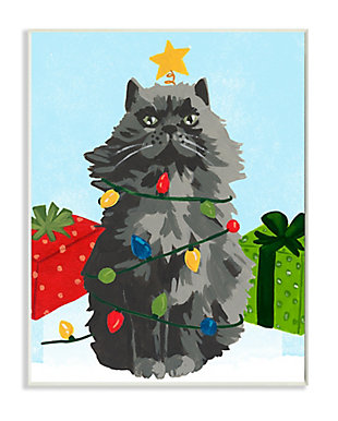 Stupell Industries Black Cat Festive Holiday Lights Christmas Pet Wood Wall Art, Multi, large