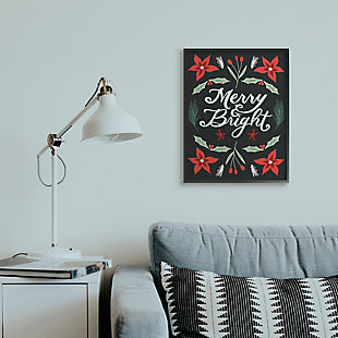 Stupell Industries Merry and Bright Festive Christmas Text Poinsettia Framed Wall Art, Black, rollover