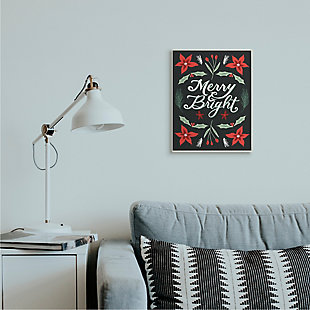 Stupell Industries Merry and Bright Festive Christmas Text Poinsettia Wood Wall Art, Black, rollover