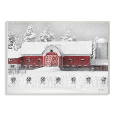 Stupell Industries Red Barn Winter Scene Farm Charm Snowfall Wood Wall Art, Off White, large