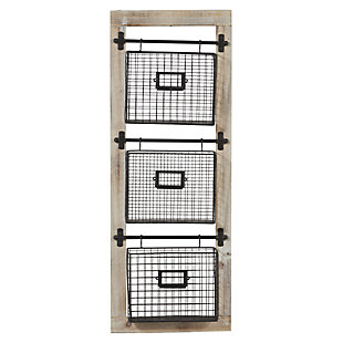 Organize in style with this magazine rack. Great for an office or anywhere with clutter, this rack is an industrial style storage solution with its black baskets against a wood frame. The three baskets offer plenty of space to organize with ease.Made with metal | Black finish | Distressed light brown wood frame | 3 baskets