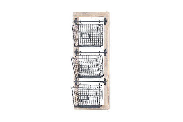 Organize in style with this magazine rack. Great for an office or anywhere with clutter, this rack is an industrial style storage solution with its black baskets against a wood frame. The three baskets offer plenty of space to organize with ease.Made with metal | Black finish | Distressed light brown wood frame | 3 baskets