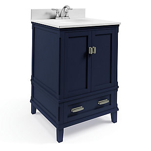 Enjoy getting ready with the Atwater Living Rosemary 24" Bathroom Vanity. Featuring an engineered stone counter-top with integrated porcelain sink, it includes a 1 storage cabinet and 1 drawer with a wood grain finish and lacquered coating for durability.Traditional designed 24" double bathroom vanity crafted with solid wood and engineered wood. | Finished using multiple paint coats and a lacquer coating for extra durability. | Engineered stone counter-top is resilient, non-porous, and easy to clean. | Soft-close, euro-style cabinet door hinges. Durable, solid wood drawer with dovetail construction and smooth ball bearing glides. | One pre-installed oval porcelain sink included, faucet and drain NOT INCLUDED. Matching backsplash included. | 1-year limited warranty.