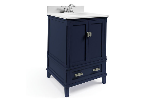Enjoy getting ready with the Atwater Living Rosemary 24" Bathroom Vanity. Featuring an engineered stone counter-top with integrated porcelain sink, it includes a 1 storage cabinet and 1 drawer with a wood grain finish and lacquered coating for durability.Traditional designed 24" double bathroom vanity crafted with solid wood and engineered wood. | Finished using multiple paint coats and a lacquer coating for extra durability. | Engineered stone counter-top is resilient, non-porous, and easy to clean. | Soft-close, euro-style cabinet door hinges. Durable, solid wood drawer with dovetail construction and smooth ball bearing glides. | One pre-installed oval porcelain sink included, faucet and drain NOT INCLUDED. Matching backsplash included. | 1-year limited warranty.