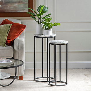 Welcome sophistication into your home with this Evolution by Crestview Collection Katie end table set. This set is an ideal accent to bring glamour to any room, and its nesting metal bases feature an open and distinctive space-saving design. The luxe black finish and terrazzo tabletop give it an airy elegance to add character to your decor.Interior Use Only | Made of metal  | Black finish | Terrazzo tabletop | Total weight capacity: 10 lbs. | Wipe clean with a dry cloth  | Indoor use only