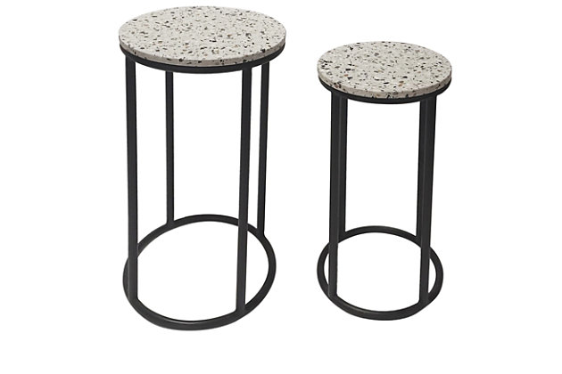 Welcome sophistication into your home with this Evolution by Crestview Collection Katie end table set. This set is an ideal accent to bring glamour to any room, and its nesting metal bases feature an open and distinctive space-saving design. The luxe black finish and terrazzo tabletop give it an airy elegance to add character to your decor.Interior Use Only | Made of metal  | Black finish | Terrazzo tabletop | Total weight capacity: 10 lbs. | Wipe clean with a dry cloth  | Indoor use only