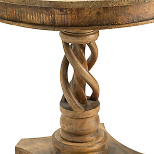 The Bengal Accent Table by Crestview Collection features an eye-catching twisted pedestal handcrafted from natural mango wood. This round, solid beauty boasts warmth and richness designed to accent surrounding fixtures in a foyer, bedroom or home office.Made of mango wood | Distressed gray finish | Medallion designs | Wipe clean with a dry cloth | Indoor use only
