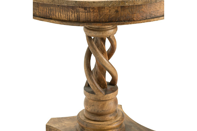 The Bengal Accent Table by Crestview Collection features an eye-catching twisted pedestal handcrafted from natural mango wood. This round, solid beauty boasts warmth and richness designed to accent surrounding fixtures in a foyer, bedroom or home office.Made of mango wood | Distressed gray finish | Medallion designs | Wipe clean with a dry cloth | Indoor use only