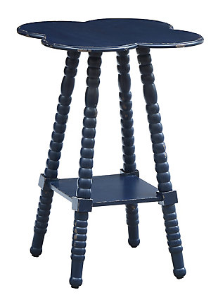 A clover-shaped top and a bold indigo finish ensure that the Bar Harbor Accent Table by Crestview Collection will stand out in any modern living space. Its useful bottom shelf provides additional space for storing commonly used items nearby.Made with wood and engineered wood | Cabinet with distressed black finish; tabletop with brown finish | Iron knob pulls with black finish | 1 drawer and 1 interior shelf | Total weight capacity: 50 lbs. | Wipe clean with a dry cloth | Assembly required | Indoor use only