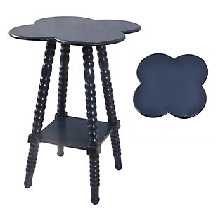 A clover-shaped top and a bold indigo finish ensure that the Bar Harbor Accent Table by Crestview Collection will stand out in any modern living space. Its useful bottom shelf provides additional space for storing commonly used items nearby.Made with wood and engineered wood | Cabinet with distressed black finish; tabletop with brown finish | Iron knob pulls with black finish | 1 drawer and 1 interior shelf | Total weight capacity: 50 lbs. | Wipe clean with a dry cloth | Assembly required | Indoor use only