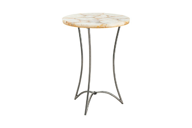 The Bengal Manor Accent Table by Crestview Collection will enhance your home with a perfect mix of form and function. With its striking triangular metal base and cream-toned stone top, this glam table is sure to impress in your foyer, living room or bedroom.Mango wood tabletop with light brown finish | Double iron bases with black finish | Top includes a subtle rim to prevent items from rolling off | Wipe clean with a dry cloth | Indoor use only