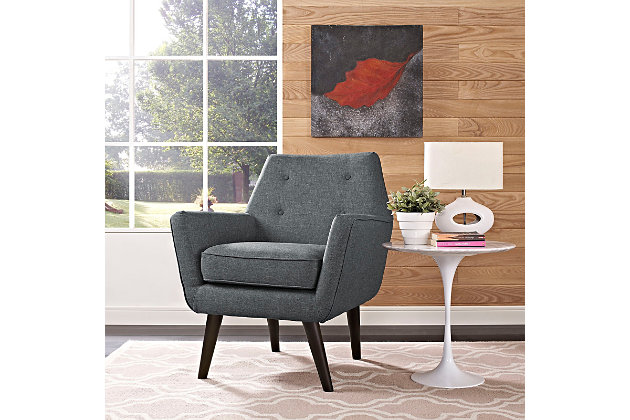 Engage your modern sensibilities with the organically shaped Posit armchair. It's gracey positioned on espresso finished wood legs designed with mid-century style in mind. Whether settling in with coffee and brunch or entering a spirited discussion with friends, Posit's button accents and organic form ensure eye-catching appeal at every turn.Polyester upholstery | Espresso stained rubberwood legs | Non-mar foot caps | Dense foam padding | Assembly required