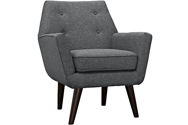 Engage your modern sensibilities with the organically shaped Posit armchair. It's gracefully positioned on espresso finished wood legs designed with mid-century style in mind. Whether settling in with coffee and brunch or entering a spirited discussion with friends, Posit's button accents and organic form ensure eye-catching appeal at every turn.Polyester upholstery | Espresso stained rubberwood legs | Non-marking foot caps | Dense foam padding | Assembly required