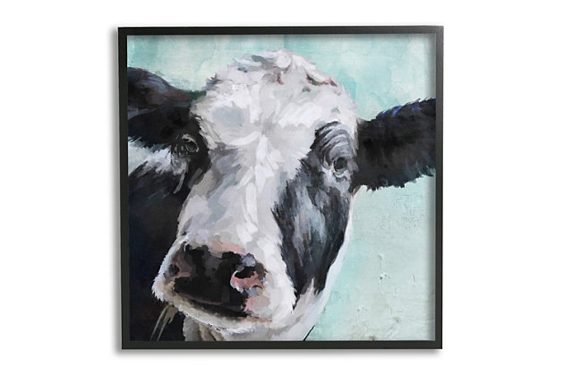 Add a sweetly stylish touch to your modern farmhouse decor with this piece of wall art centering a cow. Gentle hues of blue in the background complete the look. This giclee print has a texturized brush stroke finish and sits within a ready-to-hang black frame. Giclee lithograph mounted on wood with a texturized brush stroke finish | Black frame | Ready to hang | Design by Daphne Polselli