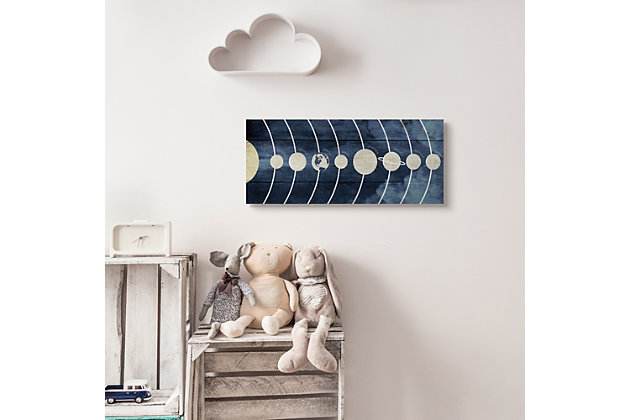 The celestial gets a rustic twist in this piece of wall art. A diagram of the solar system is detailed in a slightly distressed fashion for a clever, chic approach to a classic image. Printed with high-quality inks and canvas, this piece is hand cut and comes ready to hang.Printed with high-quality inks and hand cut canvas | Wood stretcher bar | Ready to hang | Design by Daphne Polselli