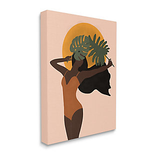 Stupell Industries Female Holding Tropical Monstera Leaf under Sun, 16 x 20, Canvas Wall Art, Pink, large