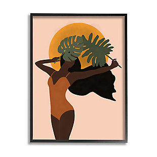 Stupell Industries Female Holding Tropical Monstera Leaf under Sun, 11 x 14, Framed Wall Art, Pink, large