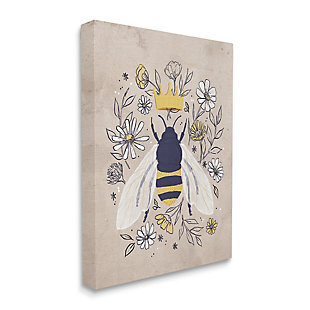 Stupell Industries Queen Bee with Crown Yellow White Daisy Florals, 16 x 20, Canvas Wall Art, Beige, large
