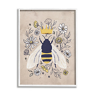 Stupell Industries Queen Bee with Crown Yellow White Daisy Florals, 11 x 14, Framed Wall Art, Beige, large