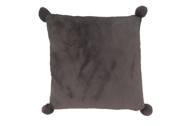 Revel in the softness and coziness of this adorable Faux Rabbit Fur Throw Pillow that simply hugs you back. The solid color design makes it easy to pair with an existing decor so it's the perfect accent piece for a living room sofa or armchair, as well as an ideal extra pillow on the bed.Material: 100% polyester | Polyester cover with poly filled insert included (polyfill) | Design is reversible | Pillow has zipper closure | Color: Gray | Care: spot clean | Imported