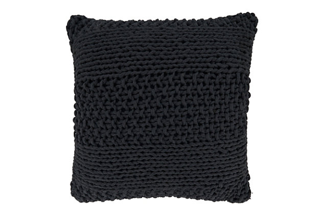 Add texture and warmth to your space with this super soft Knitted Design Throw Pillow. It's so cozy and comfortable, you'll want to snuggle up with it all winter long. The chic, neutral shades give it a classic look that's easy to pair with a wide range of other pillows or throw blankets.Material: 100% cotton | Cotton cover; no insert included  | Pillow has a solid back | Design is not reversible | Pillow has zipper closure | Color: Slate | Care: spot clean | Imported