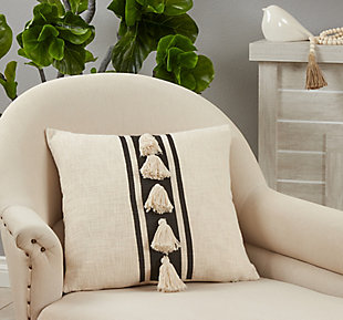 Saro Lifestyle Down-Filled Throw Pillow with Striped Tassel Design, Black, rollover