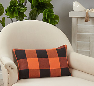 Saro Lifestyle Buffalo Plaid Design Poly-Filled Throw Pillow, Orange/Black, rollover
