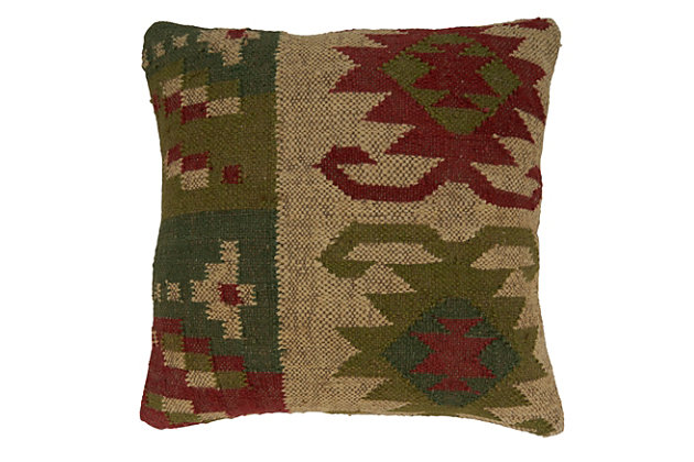This Dual-Tone Kilim Throw Pillow is a unique addition to any decor, featuring an electric combination of red and green on a dual-tone background. It's made with a wool and jute blend, which brings an organic look and feel to your home. You can easily pair it with other kilim pillows or throw on its own to add color to any space.Material: 40% jute, 60% wool (front); 100% cotton (back) | Poly filled insert included (100% polyester filling) | Pillow has a solid back | Design is not reversible | Pillow has zipper closure | Multi-color | Care: spot clean, dry clean, keep away from open flame | Imported