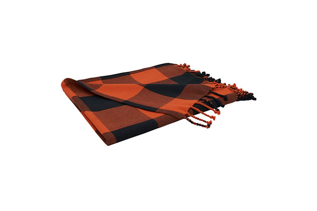This delightful Buffalo Plaid Throw Blanket adds a rustic note to your sofa or any seating area, a great addition for everyday, casual decor. It features darker tones with an orange and black combo, adding depth and contrast. Pair the blanket with matching pillows for a coordinated look or solid colors for a contrasting effect.Material: 100% cotton | Throw is unlined | Brings a rustic note, with plaid design | Dark tones add beautiful contrast | Color: Orange/Black | Care: machine wash separately, delicate cycle, do not bleach, hang dry, medium iron | Imported