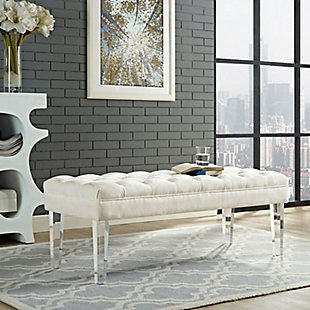 Energize your bed or living room decor with the Valet Performance Velvet Bench. Luxuriously tufted buttons adorn the soft, stain-resistant performance velvet upholstery for an exquisite look of exceptional appeal. Easy on visual space and elegantly chic, Valet comes densely padded in foam with four clear acrylic legs. The perfect addition to the modern home or apartment, instantly transform your room of choice with this exceptional piece.Polyester performance velvet upholstery | Dense foam padding | Clear acrylic legs | Assembly required