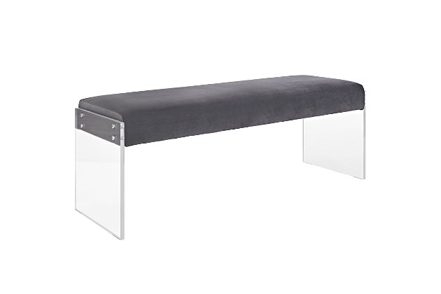 Transcend between two planes with the Roam Performance Velvet Bench. Soft and luxurious, Roam features dense foam padding, stain-resistant performance velvet polyester upholstery and two clear acrylic sheets for an exceptional piece that is pleasing to both the eyes and hands. The perfect accent piece for bed and living rooms, instantly transforming the modern home or apartment with a chic and minimalist look that excites.Polyester performance velvet upholstery | Dense foam padding | Clear acrylic side panels | Assembly required