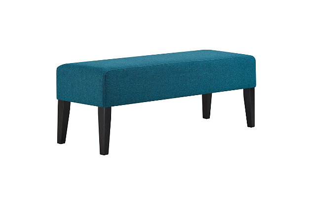 Make a statement with the Connect Bench. Finely upholstered in polyester fabric, and densely padded with just the right amount of giving, Connect is a comfortable piece supported by black finish wood legs and non-marking foot caps. Perfect for contemporary and modern farmhouse bedroom or living room spaces, update your décor today with this solidly made bench.Modern Farmhouse Style Bench | Upholstered In Polyester | Dense Foam Padding | Black Finish Wood Legs | Non-Marking Foot Caps | Bench Weight Limit: 330 lbs. | Assembly Required