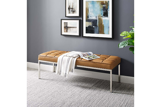 The Loft bench has a pleasant linear design with an external tubular stainless steel frame. The back and seat are tufted and buttoned to enhance the overall richness of the piece. On top of the steel base rests a comfortable padded seat.Top grain genuine leather | Stainless steel frame | Generously padded foam cushions | Tufted seat without buttons | Foot caps to prevent scratching