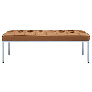 The Loft bench has a pleasant linear design with an external tubular stainless steel frame. The back and seat are tufted and buttoned to enhance the overall richness of the piece. On top of the steel base rests a comfortable padded seat.Top grain genuine leather | Stainless steel frame | Generously padded foam cushions | Tufted seat without buttons | Foot caps to prevent scratching
