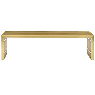 The design of the Gridiron bench arty blends stainless steel tubing with a goldtone finish. Modernism used to be about extremes. Wild shapes and patterns that don't dare resemble its predecessors. The Gridiron bench is famous not for its radical shape, but for the strategic transcendence that it provides.Brushed stainless steel | Goldtone finish | Easy to clean | Assembly required