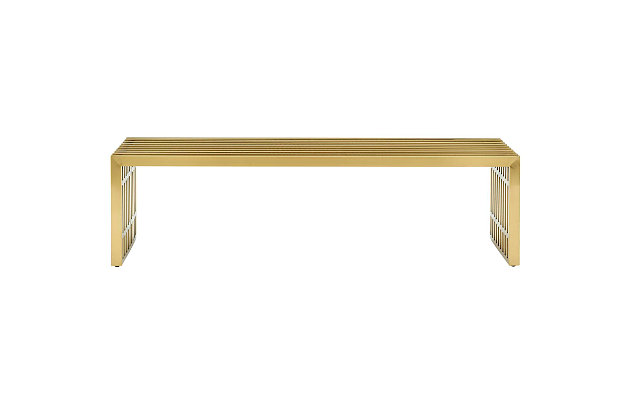The design of the Gridiron bench arty blends stainless steel tubing with a goldtone finish. Modernism used to be about extremes. Wild shapes and patterns that don't dare resemble its predecessors. The Gridiron bench is famous not for its radical shape, but for the strategic transcendence that it provides.Brushed stainless steel | Goldtone finish | Easy to clean | Assembly required