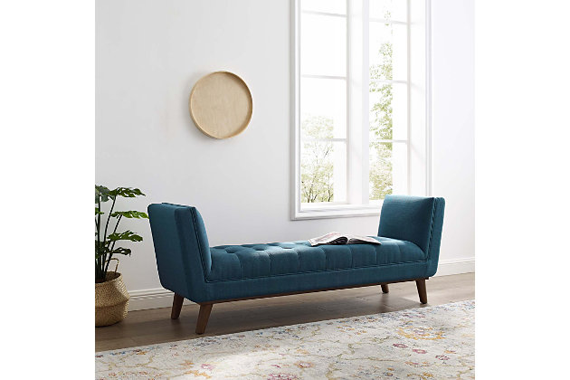 Sail away with the Haven accent bench. Subtle piping blends with biscuit tufting adorn Haven's generously sized seat with artistry and grace. Haven features dense foam padding covered by soft polyester fabric upholstery for premium seating comfort. Organically flared arms rise from this mid-century accent bench to enhance the decor of your living room, lounge area or entryway.Soft polyester fabric | Dense foam padding | Elegant tufted buttons | Tailored piping trim | Assembly required