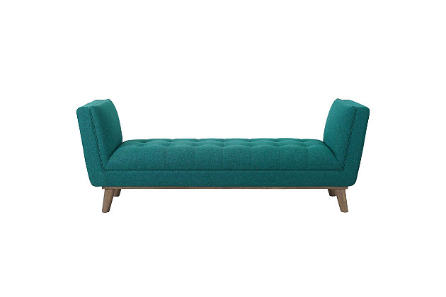 Sail away with the Haven accent bench. Subtle piping blends with biscuit tufting adorn Haven's generously sized seat with artistry and grace. Haven features dense foam padding covered by soft polyester fabric upholstery for premium seating comfort. Organically flared arms rise from this mid-century accent bench to enhance the decor of your living room, lounge area or entryway.Soft polyester fabric | Dense foam padding | Elegant tufted buttons | Tailored piping trim | Assembly required