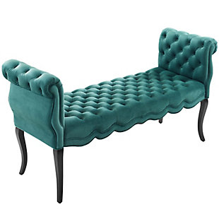 Celebrate whimsical charm and luxe opulence with the Adelia bench. A beautiful accent or extra seating solution, this entryway bench features deep button tufting, rolled armrests, delicate piping and dense foam padding for a comfortable, supportive place to rest. This durable stain-resistant bench comes with performance velvet polyester upholstery and sits atop cabriole wood legs.Performance velvet polyester upholstery | Wooden legs | Durable stain-resistant fabric | Elegant deep button tufting | Assembly required